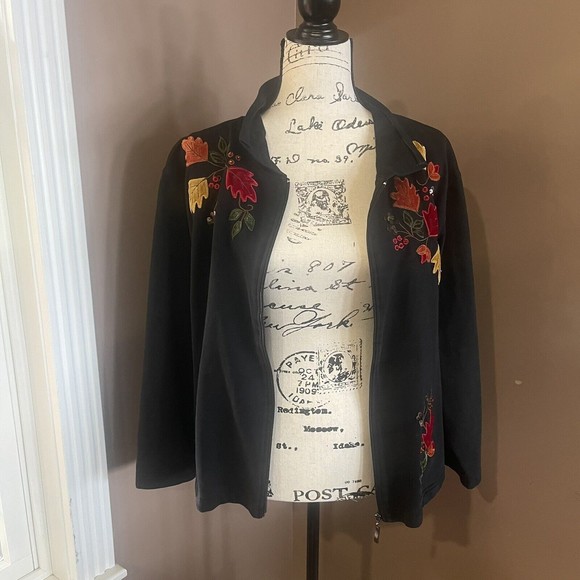 Mandal Bay Zip Up Fall Velvet Leaves Leaves Black Jacket/Cardigan  Large Cotton - Picture 4 of 12